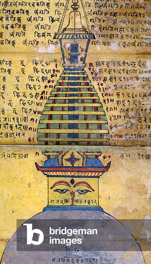 Nepal: A Nepali painting of the great stupa at Swayambhunath Temple, Kathmandu. 18th century