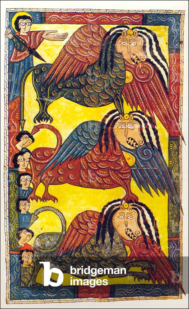 Spain: The Infernal Beasts emerge from the Abyss. From the Escatorial Beatus version of the Apocalypse (10th century).