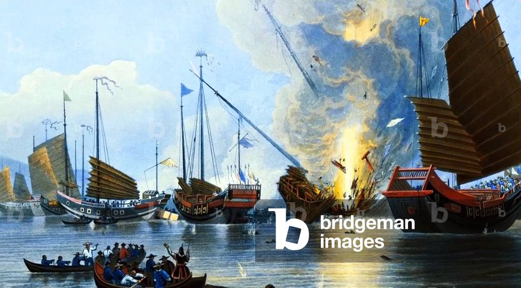 The Steamer Nemesis destroying Chinese War Junks, First Opium War, 1842 (print)