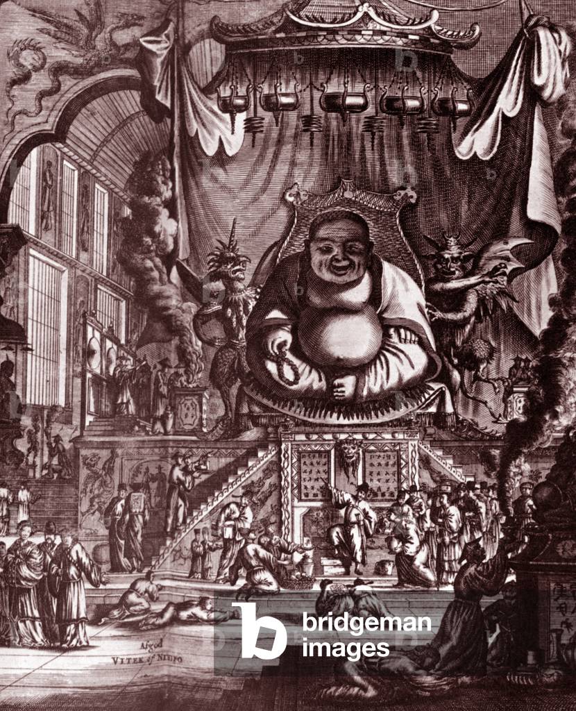China/ Southeast Asia: A European illustration from the 1600s depicting the interior of a Buddhist temple.