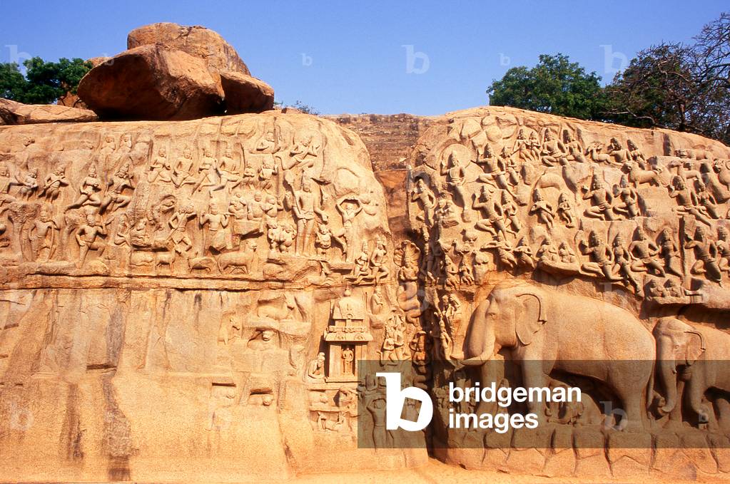 India: The Penance of Arjuna (Arjuna's Penance) rock-cut (7th century CE), Mahabalipuram, Tamil Nadu State