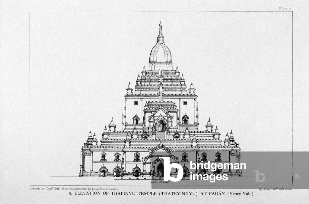 Burma/ Myanmar: A 19th century British architectural drawing by Sir Henry Yule of the Thatbyinnyu Pagoda in Bagan (Pagan), Upper Burma