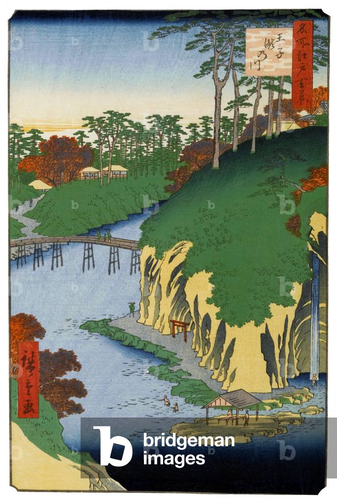 Japan: Autumn: The Takinogawa in oji; Takinogawa, Matsubashi Benten Shrine, Kongo-ji Temple. Image 88 of '100 Famous Views of Edo'. Utagawa Hiroshige (first published 1856-59)