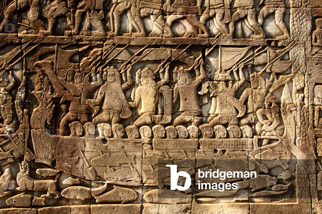 Cambodia: A Cham warship in a battle with Khmer forces on the Tonle Sap, bas-relief Southern Wall, The Bayon, Angkor Thom, Angkor
