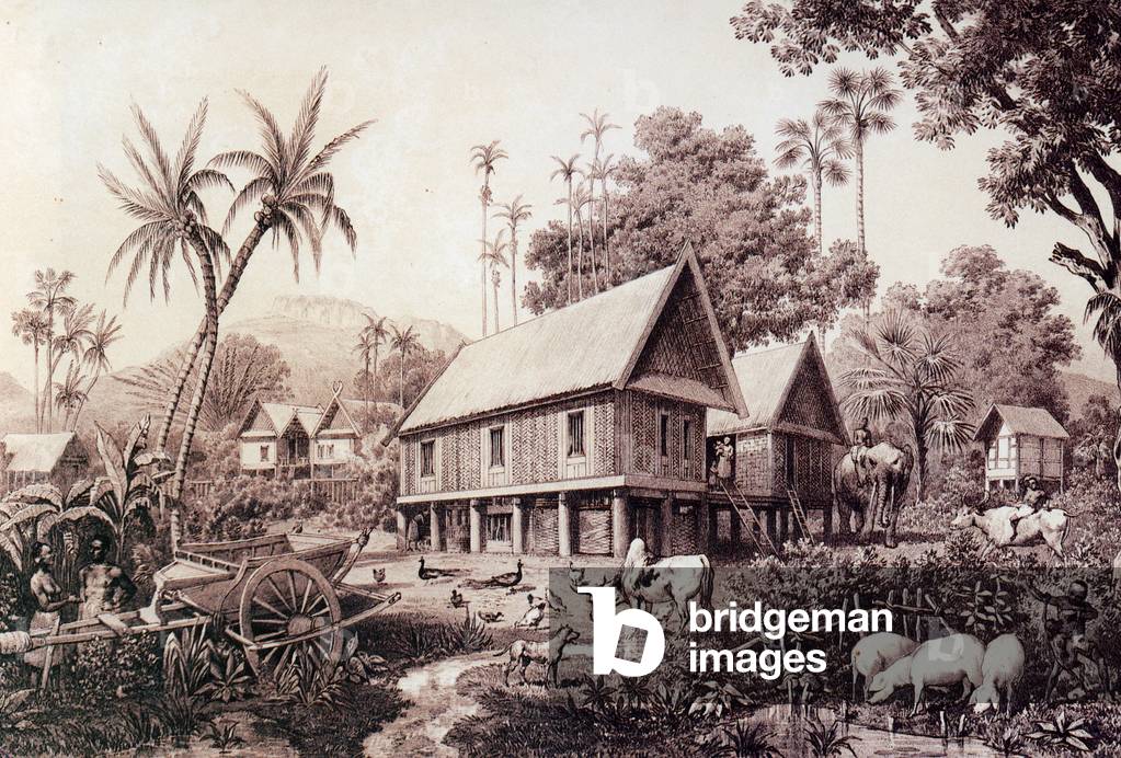Laos: The house of a wealthy Laotian family, drawn by French expeditioner Louis Delaporte, c. 1866-67.