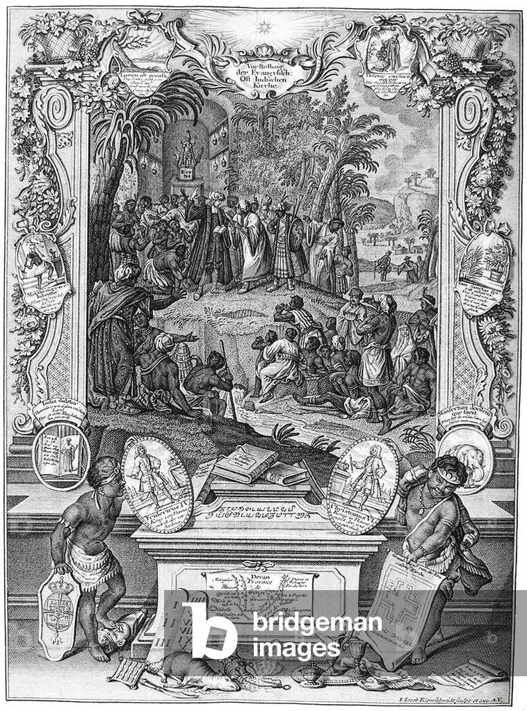 India / Denmark: Idealised image of early missionaries working among local people in and around Tranquebar (Tharangambadi). Etching, Bartholomaeus Ziegenbalg (1682 - 1719), early 18th century