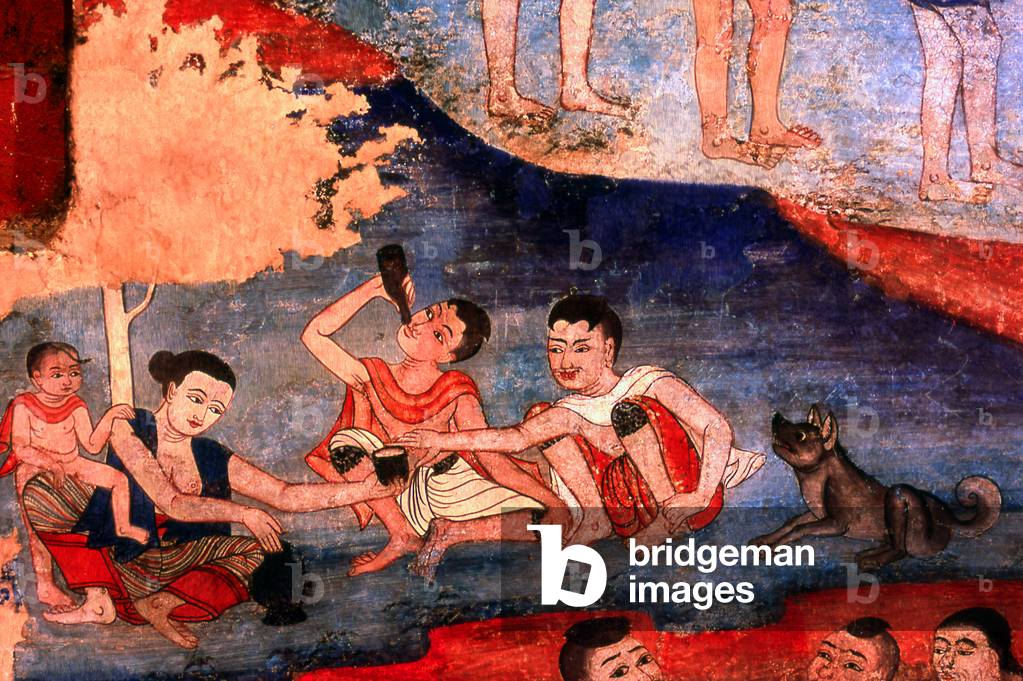 Thailand: Northern Thai men and women sharing food and a drink, early 19th century mural, Viharn Lai Kam, Wat Phra Singh, Chiang Mai, Northern Thailand