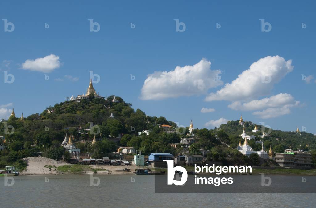 Burma / Myanmar: Pagodas at Sagaing seen from the Irrawaddy / Ayeyarwady River, near Mandalay