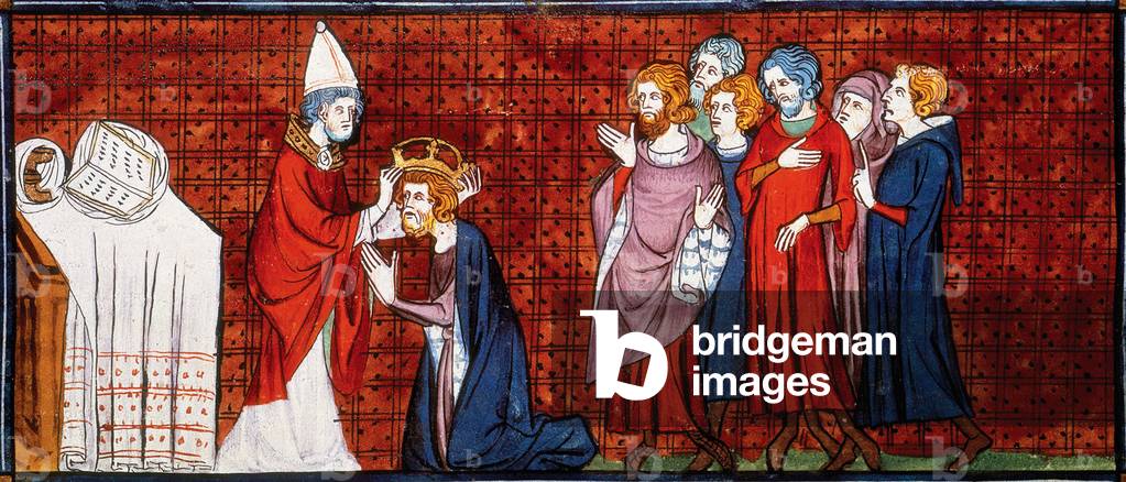 Pope Leo III crowning Charlemagne emperor on Christmas Day on 800, c.1450 (miniature)