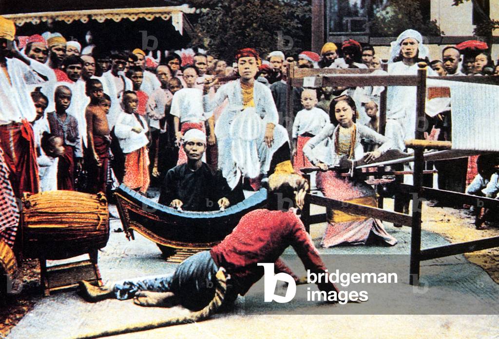 Burma / Myanmar: An ah-nyeint troupe performance c. 1900. A spirit (centre) sends a tiger (foreground) to carry off the heroine who sits weaving