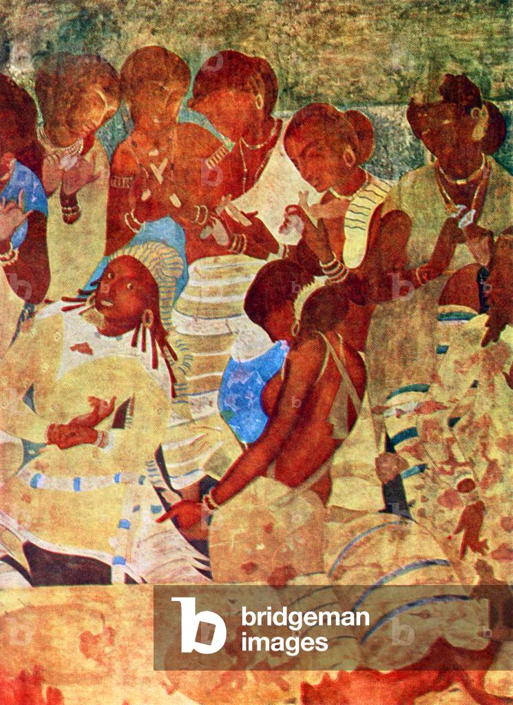 India: Female musicians and a dancer, Bagh Caves (5th-6th century CE), Dhar District, Madhya Pradesh State
