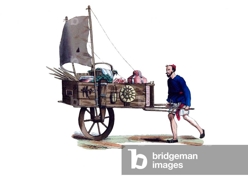 China: An itinerant merchant with a wind-assisted wheelbarrow, 1844