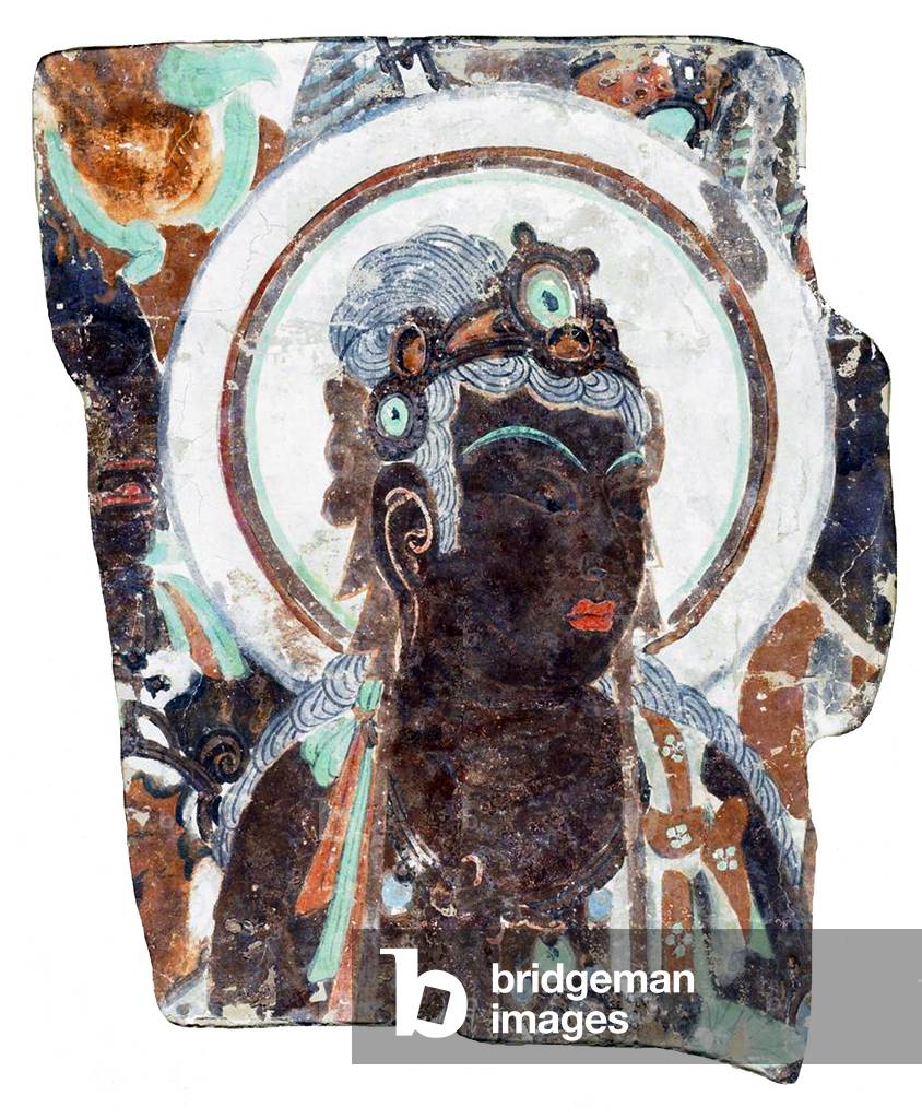 China: 'Bust of an attendant Bodhisattva', fragment of a wall painting from the Mogao Caves, Dunhuang, Gansu Province, 8th century