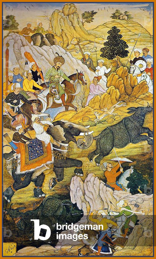 India: Scene from the Baburnama. Zahir ud-din Muhammad Babur (1483-1531) the first Mughal Emperor. Babur hunting Rhinoceros near Peshawar, c. 1530