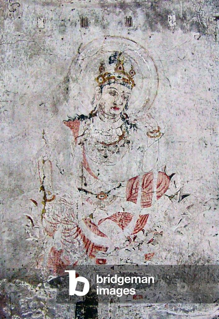 Japan: Lost Horyuji Temple fresco from a pre-1949 photograph: No.5 wall, Bodhisattva, detail.