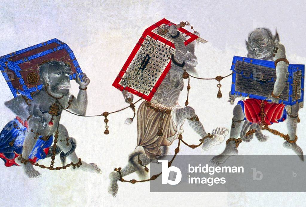 Central Asia: Shackled demons carrying treasure chests, Siyah Kalem School, 15th century.