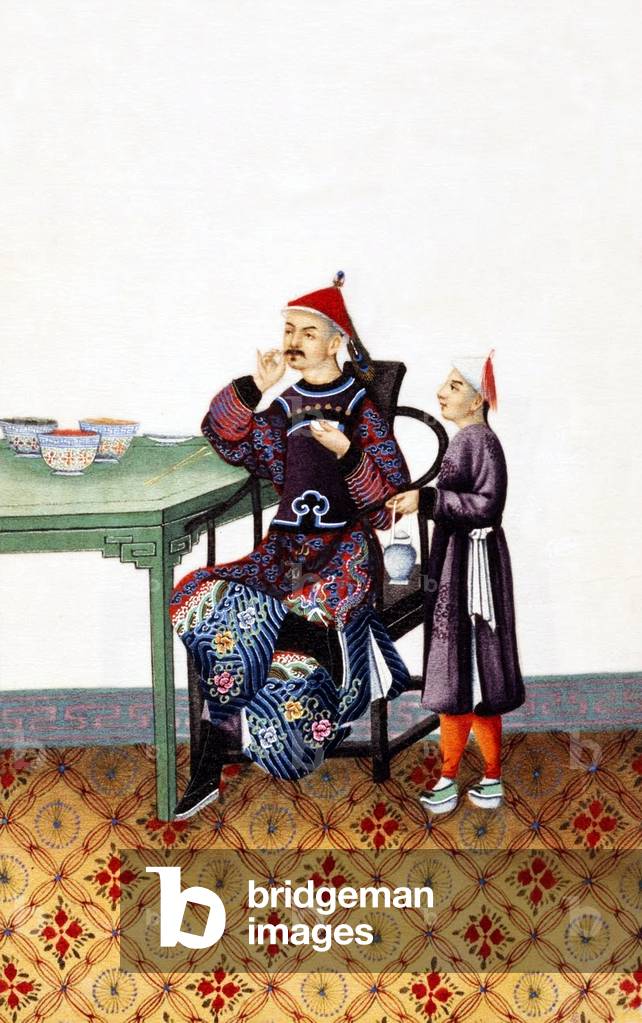 China: Hand-painted representation of master and servant in 19th century Qing Dynasty high society