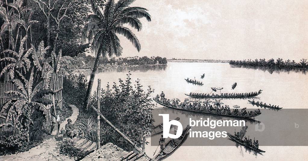 Cambodia: Khmer villagers in pirogues on the Kong River, which forms the mouth to the Mekong, c. 1867.
