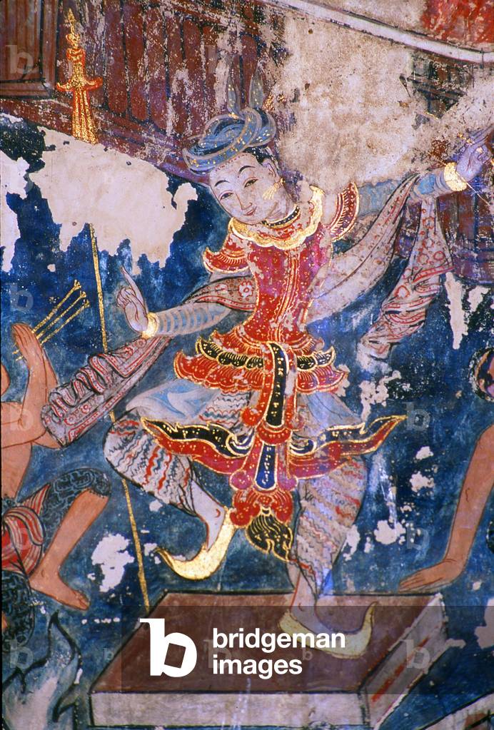 Thailand: Burmese dancing girl in a mural at Wat Buak Khrok Luang, Chiang Mai