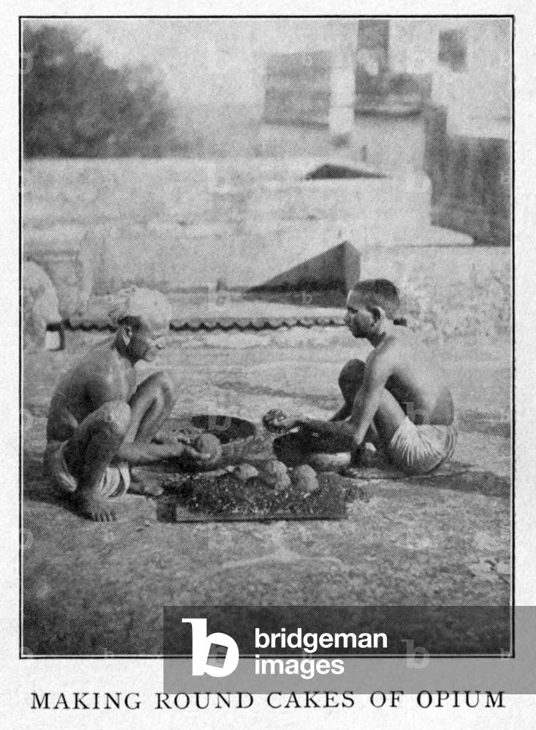 India: Making round cakes of opium at a government factory in India, late 19th century