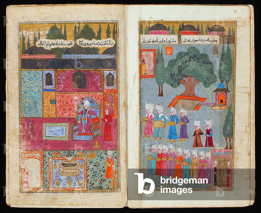 The double miniatures depict the coronation in the Topkapi Palace in 1595 of Mehmed III, Sultan of the Ottoman Empire, from a Manuscript of his Campaign in Hungary, ca. 1600