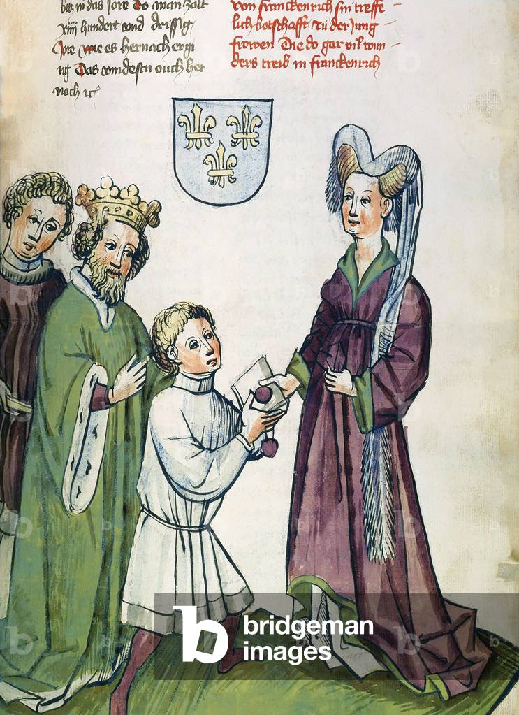Germany: 'King Sigismund Performed Many Miracles (Saint Joan of Arc in a Burgundy-Red Dress and with a White Head-Dress)', watercolour drawing from the workshop of Diebold Lauber (1427-1471), c. 1440-1450