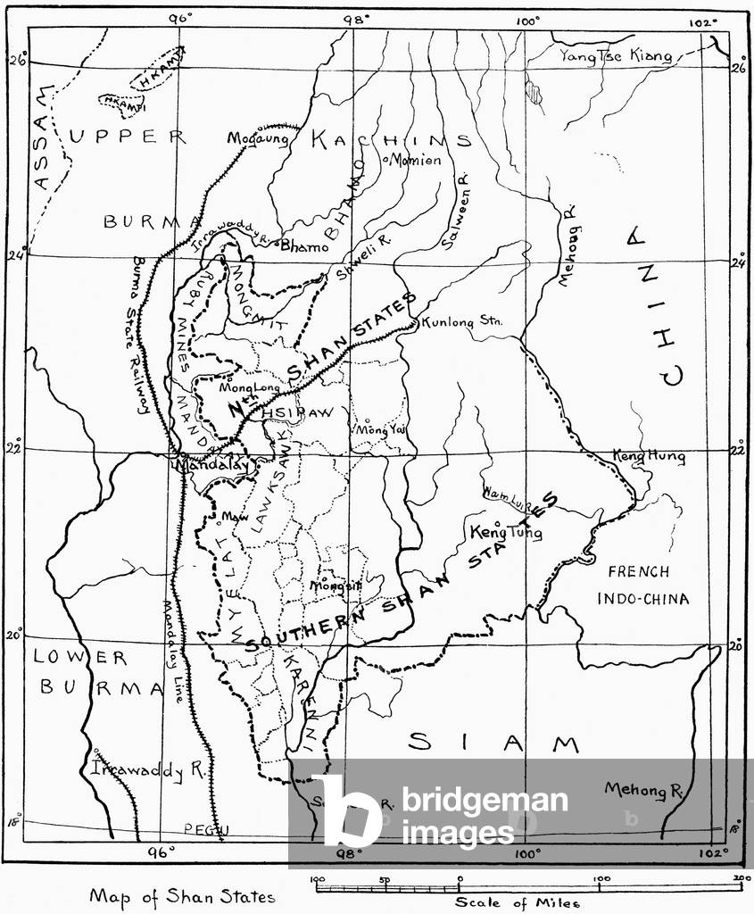 Burma / Myanmar: A hand-drawn map of the Federated Shan States, from Laura E Start, 'Burmese Textiles from the Shan and Kachin Districts', Halifax, 1917
