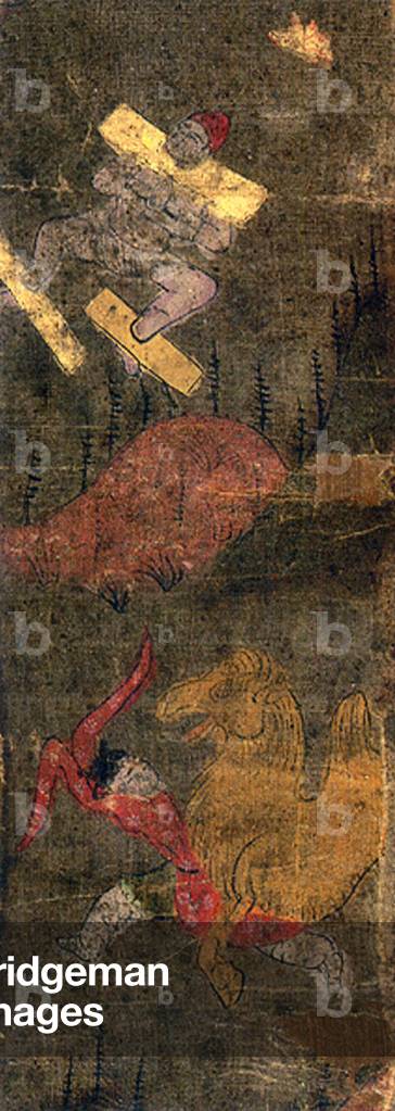 China: Detail of a painting from the Mogao Caves showing a man in stocks and another being attacked by a camel. Dunhuang, 8th-10th century.