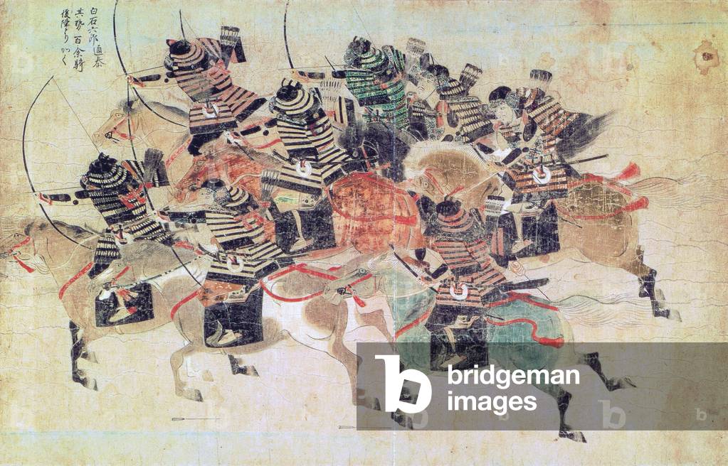 Japan: Mongols and Japanese engaged in warfare; scene showing mounted samurai attack from the Moko Shurai Ekotoba (c.1293).
