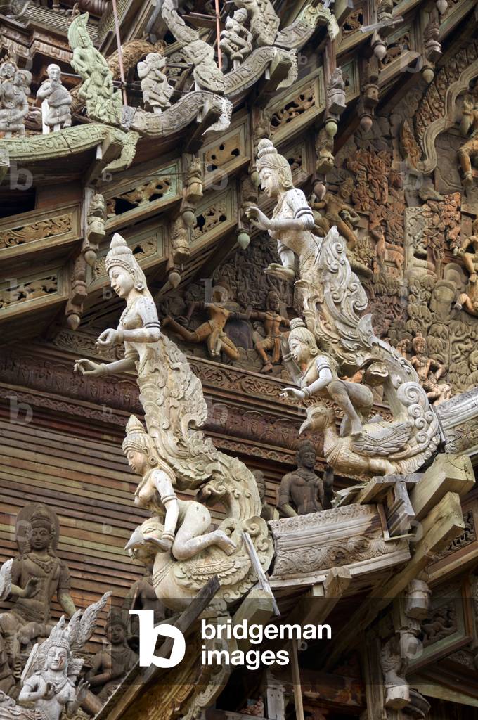 Thailand: Elaborate Hindu influenced wooden carvings on the roof, Sanctuary of Truth, Pattaya, Chonburi Province