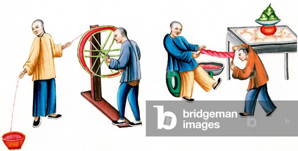 China: Silk Production - dyeing and wringing out silk thread. Qing Dynasty watercolour painting by an anonymous artist, mid to late 19th century