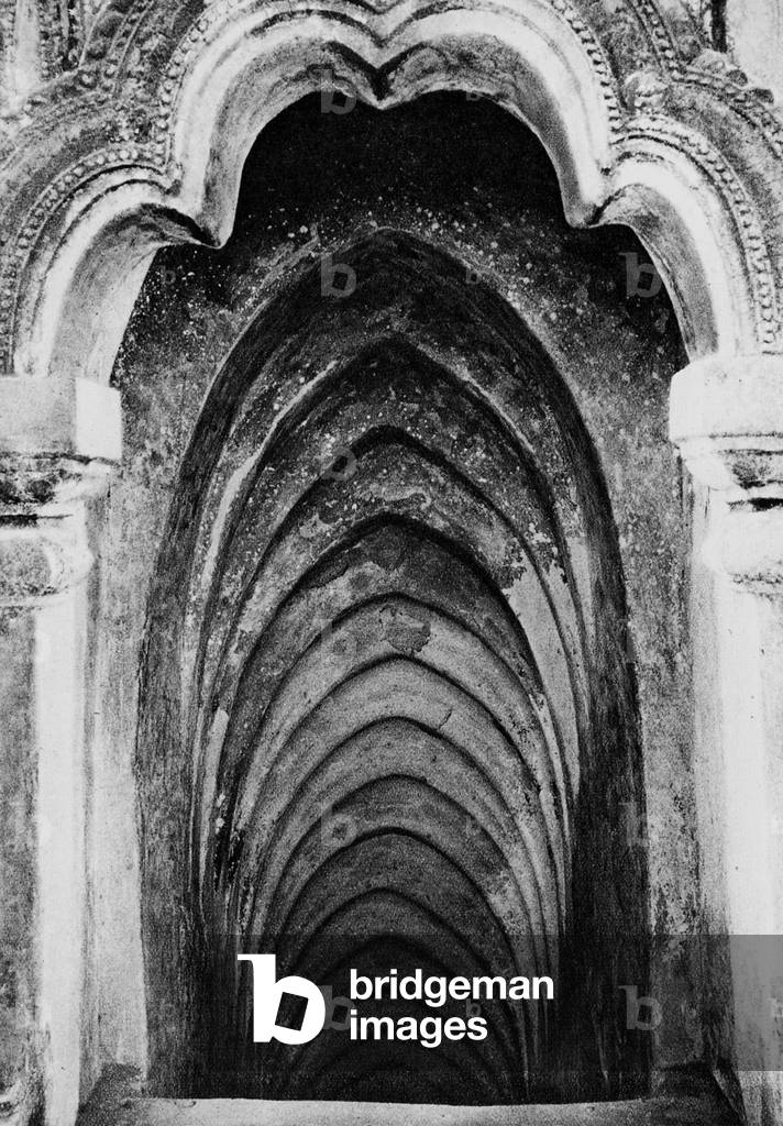 Burma/ Myanmar: A staircase inside Thatbyinnyu Pagoda in Bagan, Upper Burma, c.1920s.