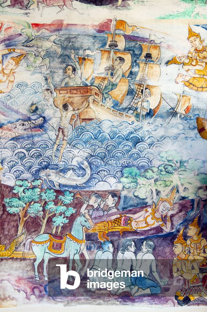 Thailand: Mural scene from the Buddhist Jataka tales on the front of the viharn at Wat Si Khun Mueang, Chiang Khan, Loei Province