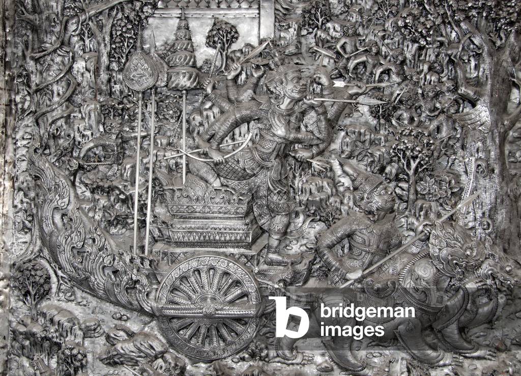 Thailand: Tosakanth (Ravana) going into battle against Rama, silver reproduction from the famous Ramakien murals in Wat Phra Kaeo, Bangkok, here seen at Wat Meun San, Chiang Mai, northern Thailand
