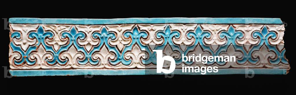 Iran: Earthenware frieze in white, turquoise and manganese glaze, c.14th century.