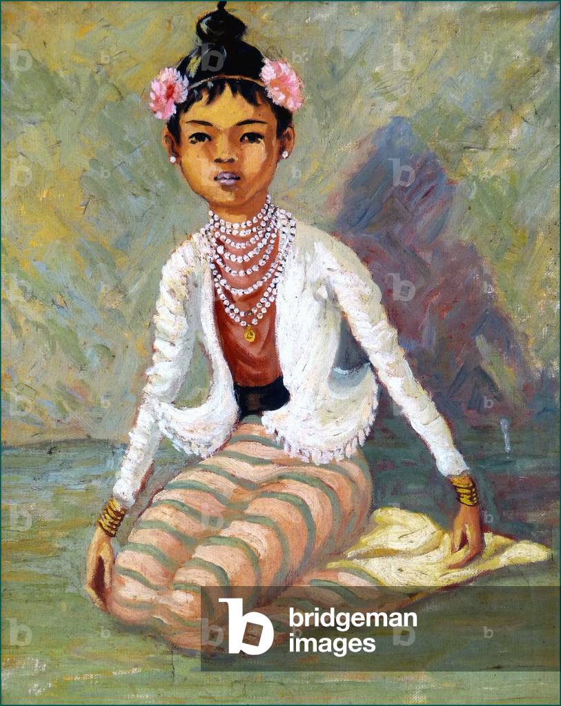 Burma / Myanmar: Young Burmese girl in longyi with flowers in her hair. Colonial period painting, c. 1910