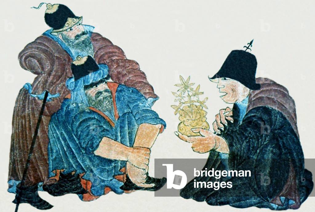 Central Asia: Three Turkmen in conversation, one holds a golden flower. Siyah Kalem School, 15th century