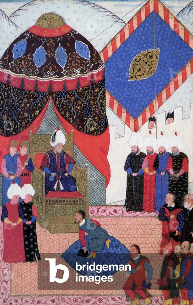 Turkey: 'Sultan Suleyman receiving Stephen Zapolya', from the illuminated manuscript 'Nuzhet El-Esrar el-Ahbar der Sefer-i-Sigetvar' by Ahmed Feridun Pasa, dated 1568-9.