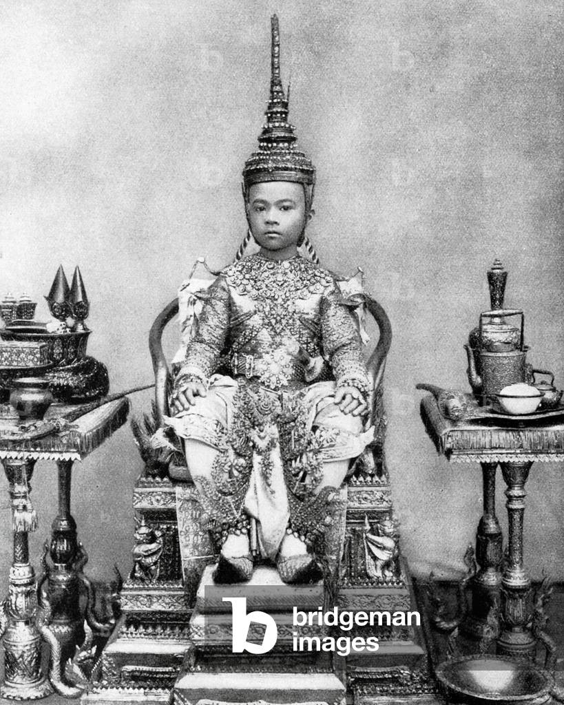 Thailand: A royal prince dressed and adorned for his tonsure ceremony, Siam, late-19th century.