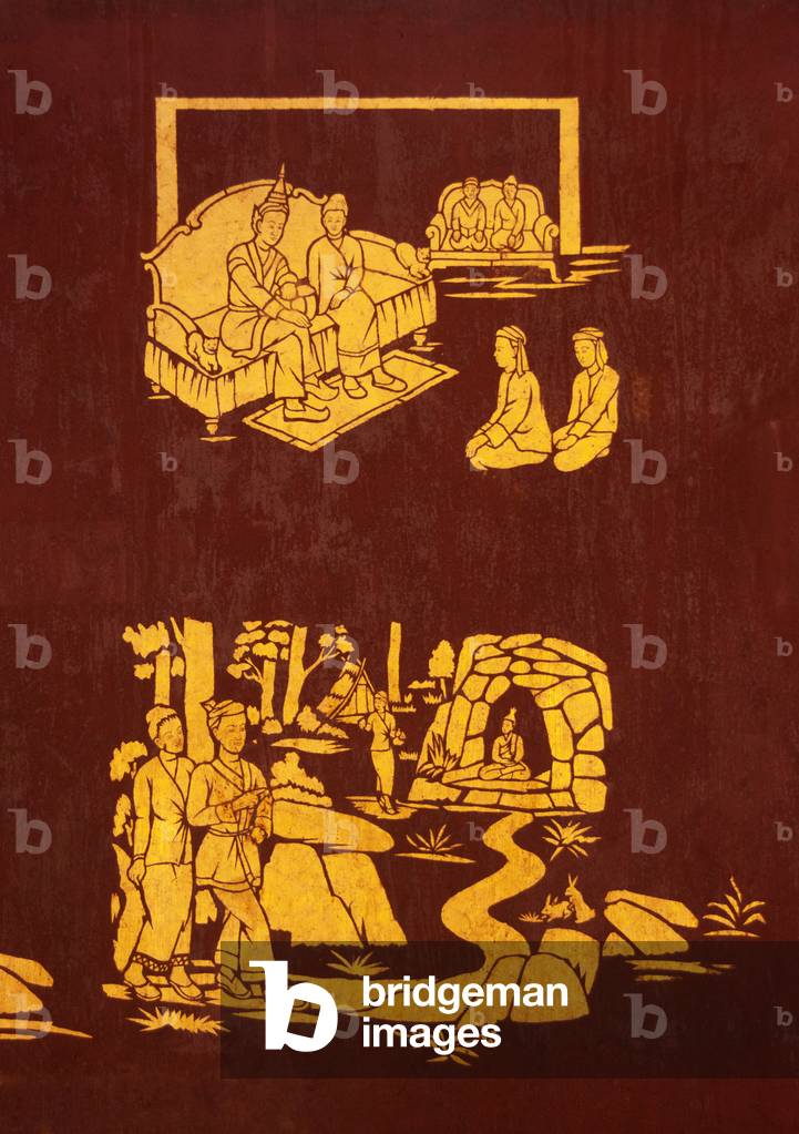 Burma / Myanmar: Gold stencilled ('lai kham') paintings on the inner wall of the main viharn at Wat Jong Kham, Kyaing Tong (Kengtung), Shan State