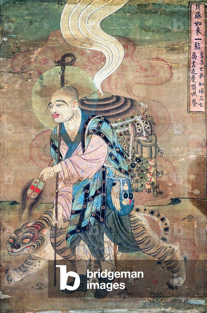 China: The Buddhist monk Xuanzang travelling with a tiger on the Silk Road, Dunhuang, Gansu, 9th century