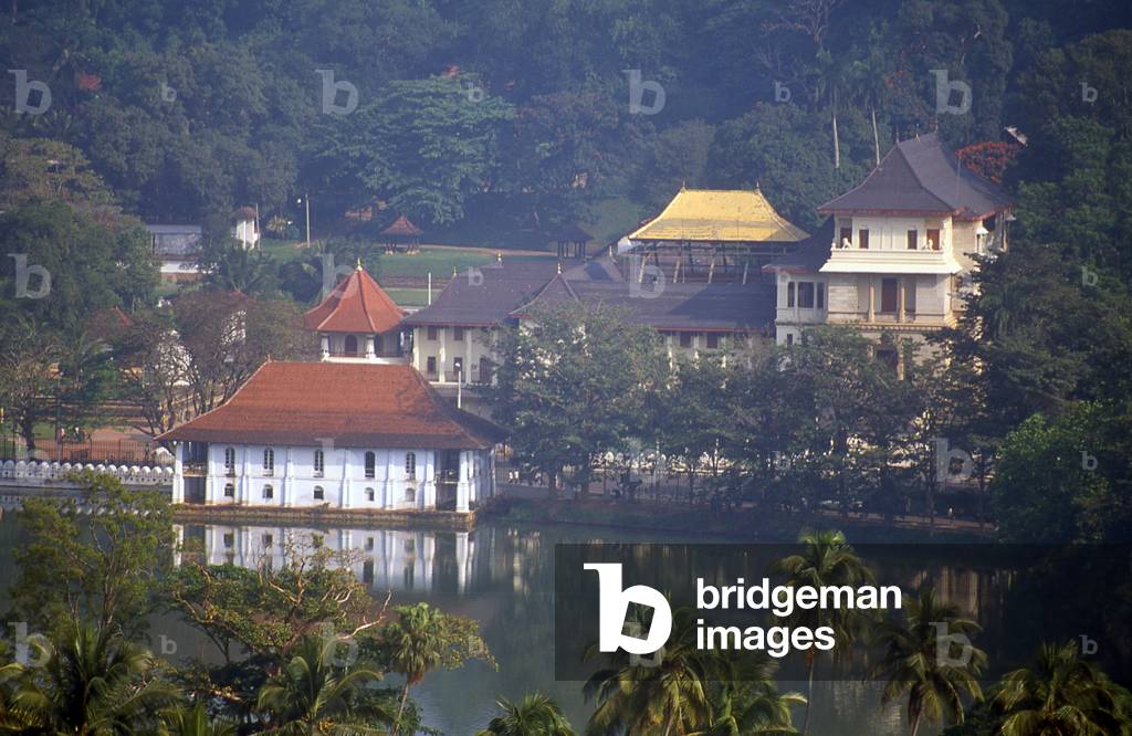 Sri Lanka: Sri Dalada Maligawa or the Temple of the Tooth seen across Kandy Lake, Kandy