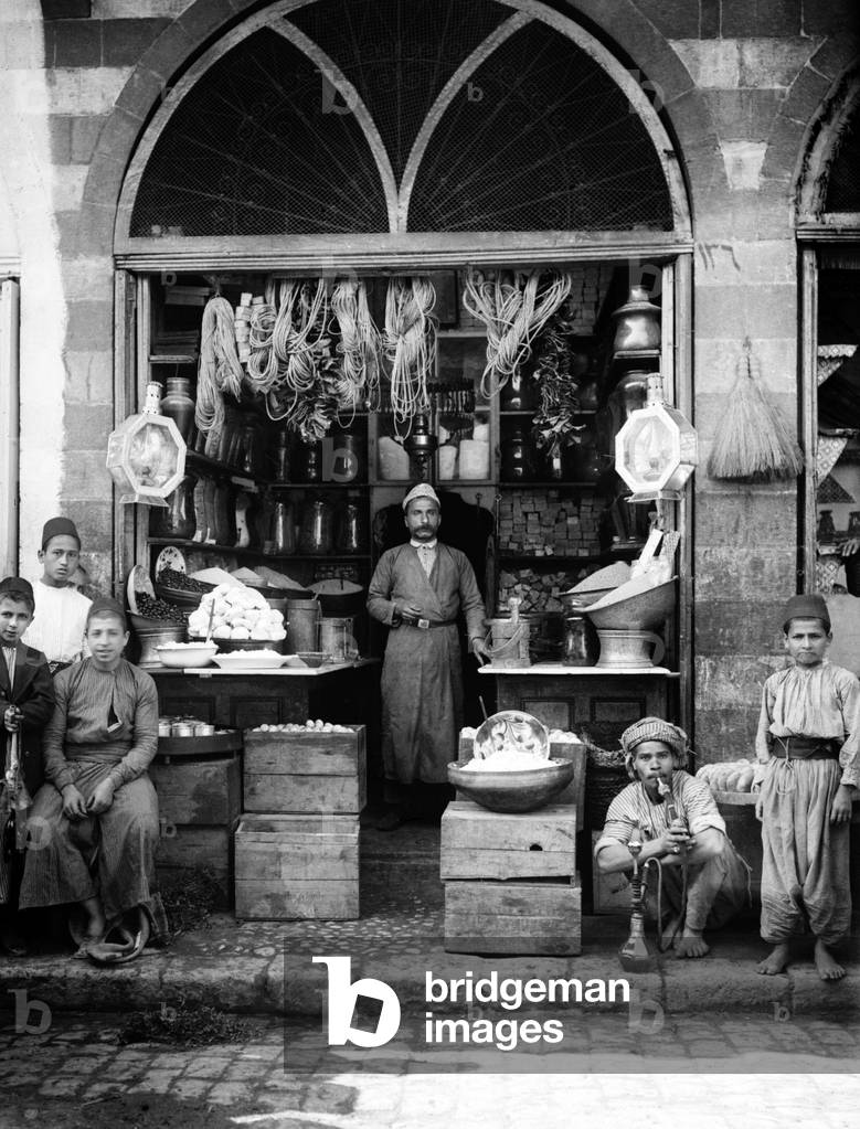 Palestine: A grocers shop and hardware store, Jerusalem, c. 1910