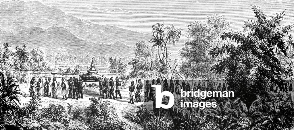 Laos: A funeral is held for a Laotian aristocrat in Champasak, southern Laos, as illustrated by French expeditioner Louis Delaporte in 1866.
