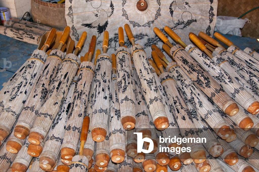 Thailand: Folded umbrellas, Bo Sang Umbrella Village, near Chiang Mai, northern Thailand