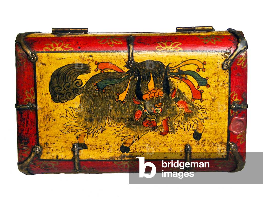 China / Tibet: A traditional painted Tibetan tea chest with a yak on the top, Lhasa, c. late 19th century
