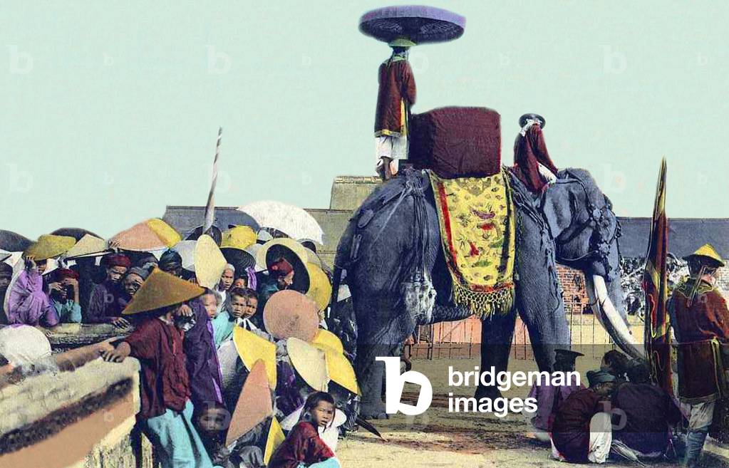 Vietnam: An elephant with howdah at the Nguyen royal court, Hue, early 20th century