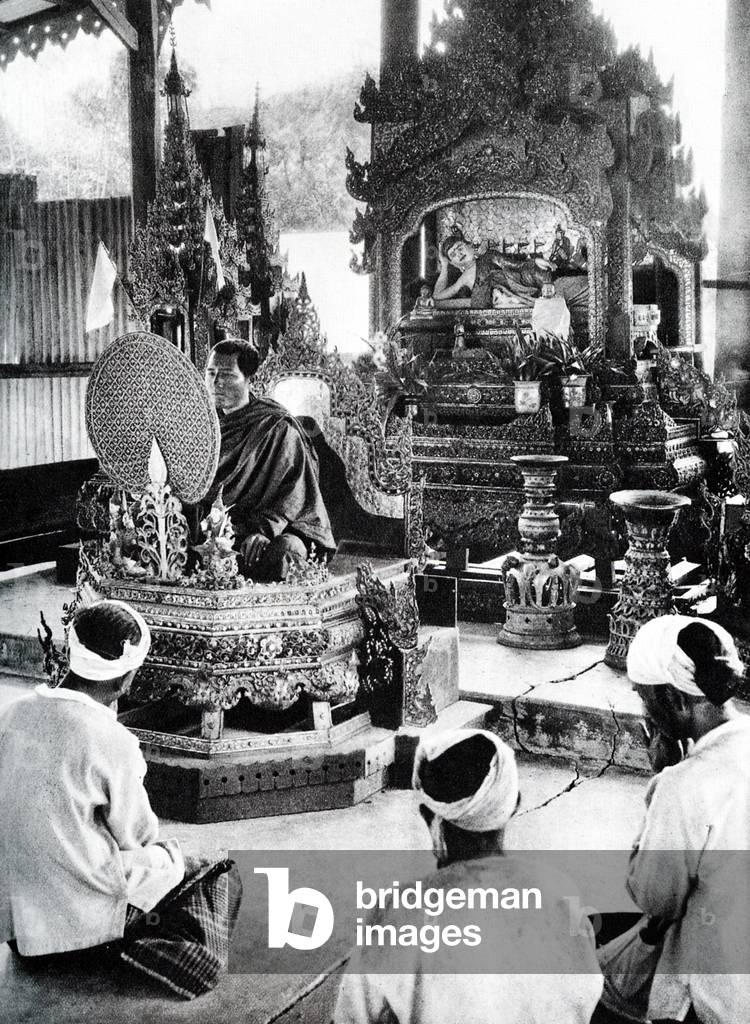 Burma/ Myanmar: Inside the prayer hall of a Buddhist temple in Namtok, southern Shan State, c.1920s.