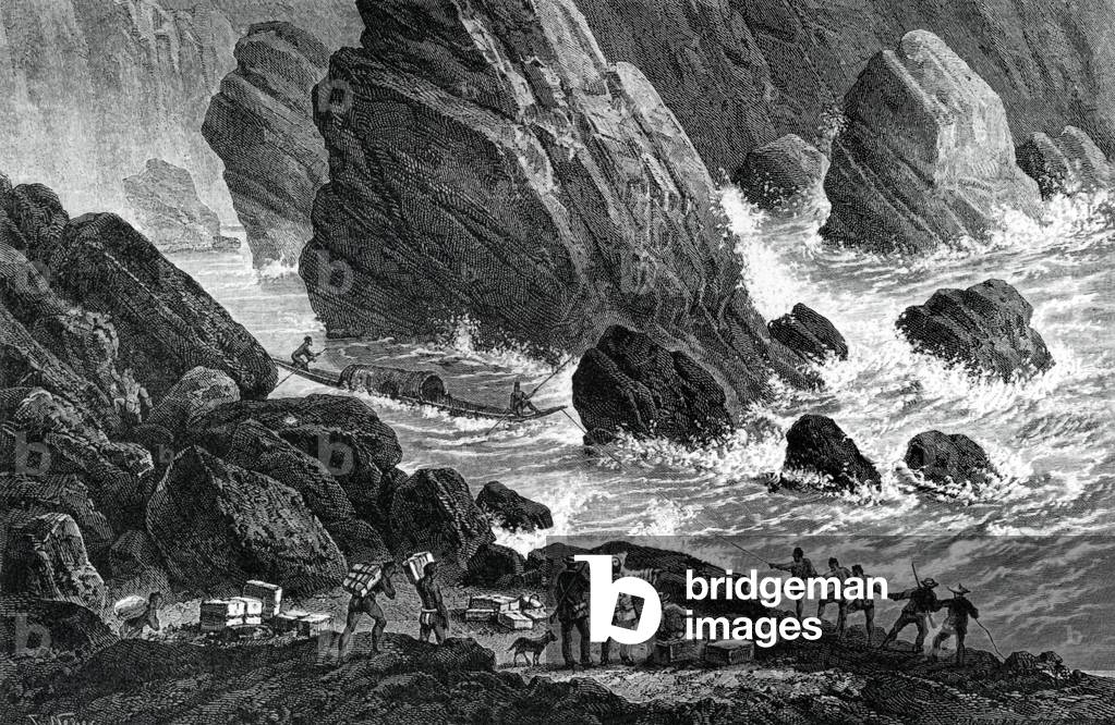 Laos: An 1867 illustration of a dug-out boat being towed upriver through the Keng Pansao rapids on the Mekong River between Vientiane and Luang Prabang.