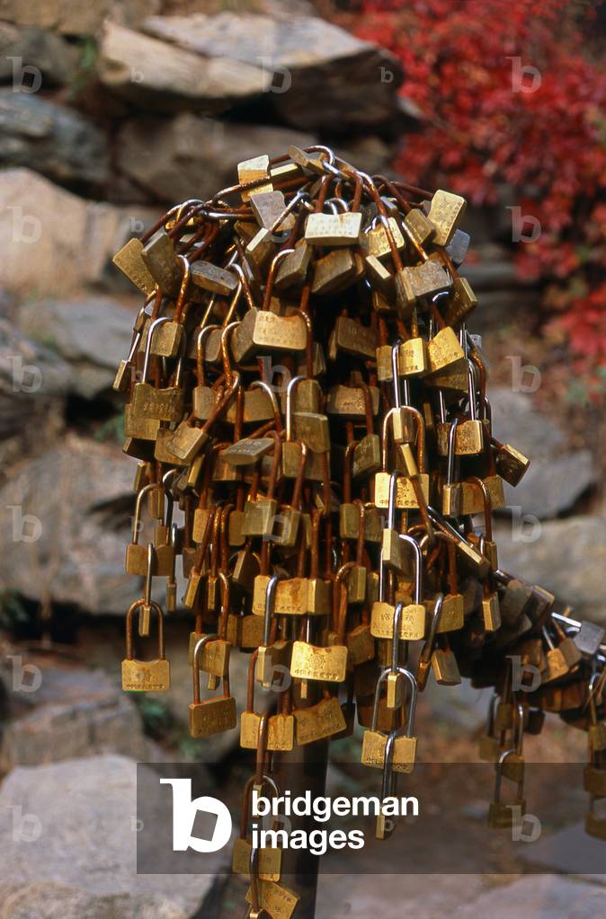 China: 'Heart Locks' used by visitors to 'lock their hearts with the Buddha' and also sometimes known as 'Locks of Love', lead up a staircase at the top end of the Puning Temple (P?níng Sì) or Temple of Universal Peace, Chengde, Hebei Province